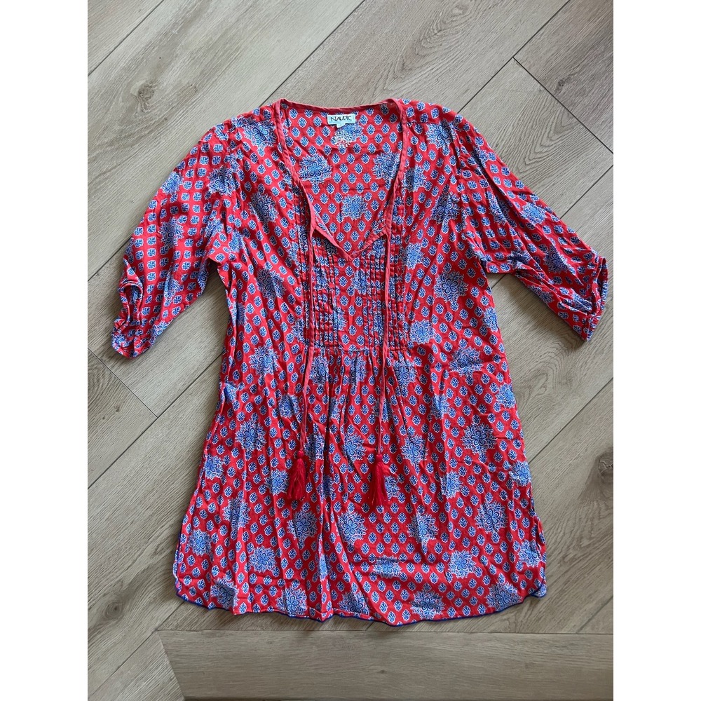 NAUDIC Red Blue Boho Print‎ Tassel V Neck Tunic Summer Beach Top